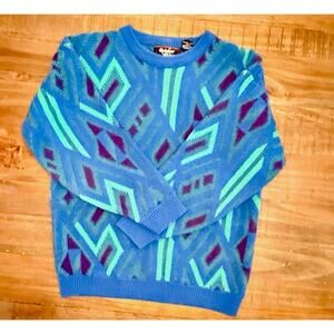 Vintage Rainbow Ridge Sweater Geometric Blue Green Purple Made in Korea M